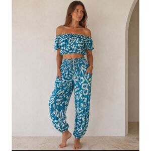 Haute Hippy Abstract Print Off Shoulder Linen Blend 2 Piece Set Teal Size XL